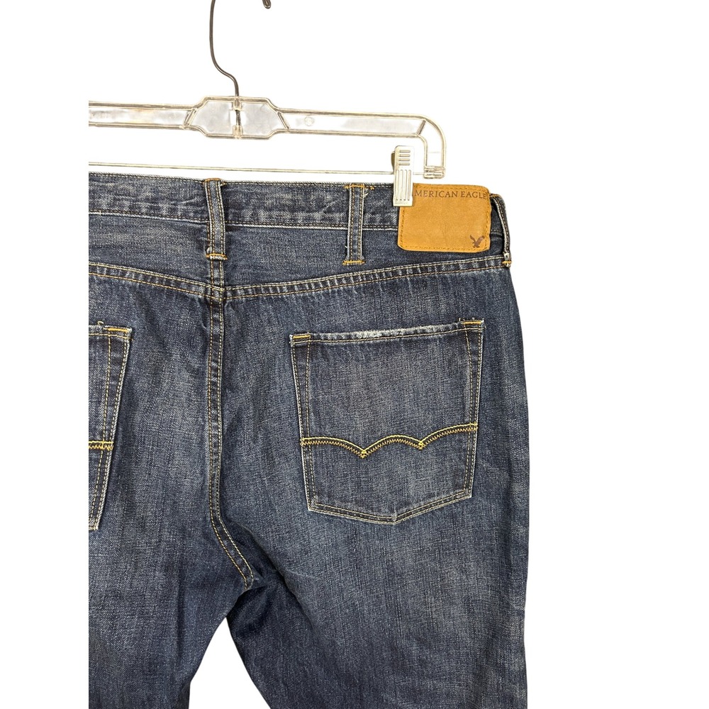 American Eagle Slim Straight Jeans Mens 38x32 Dark Wash Distressed Denim Blue - Picture 4 of 8